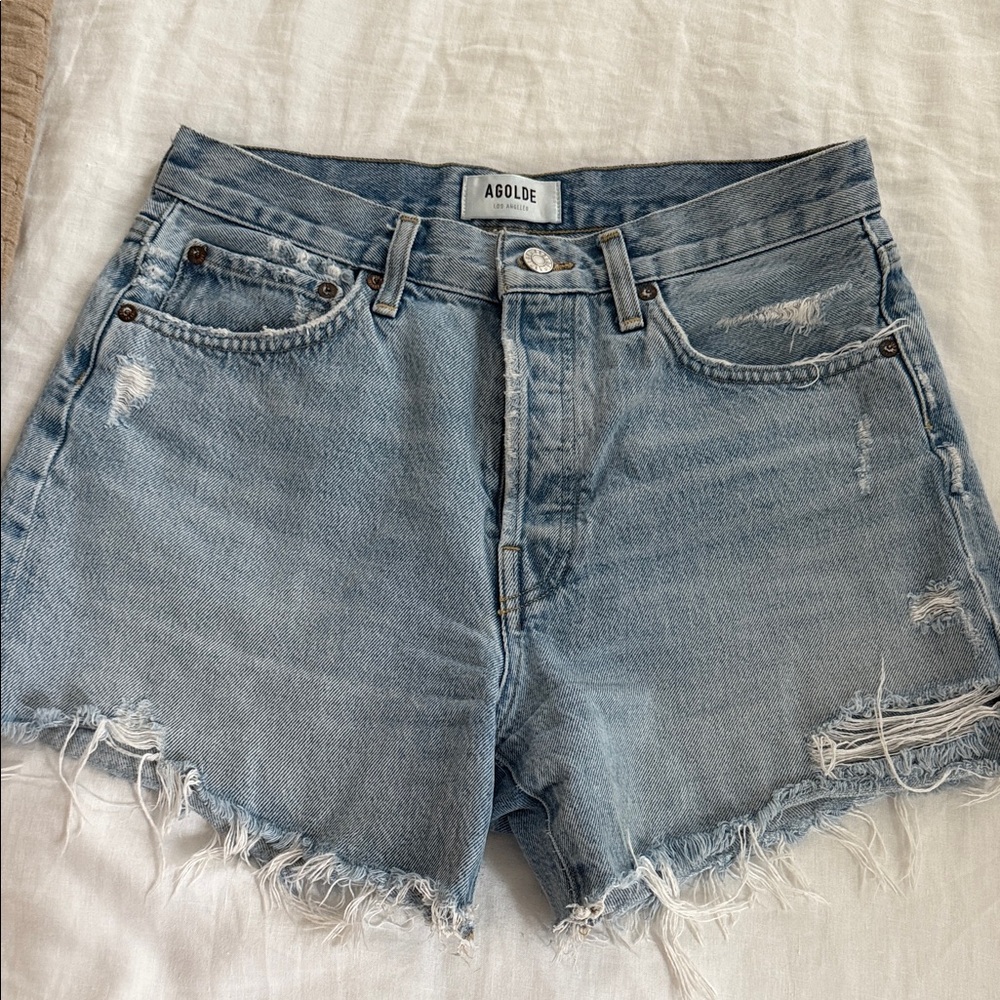 Agolde Light Wash Distressed Denim Cutoff Shorts